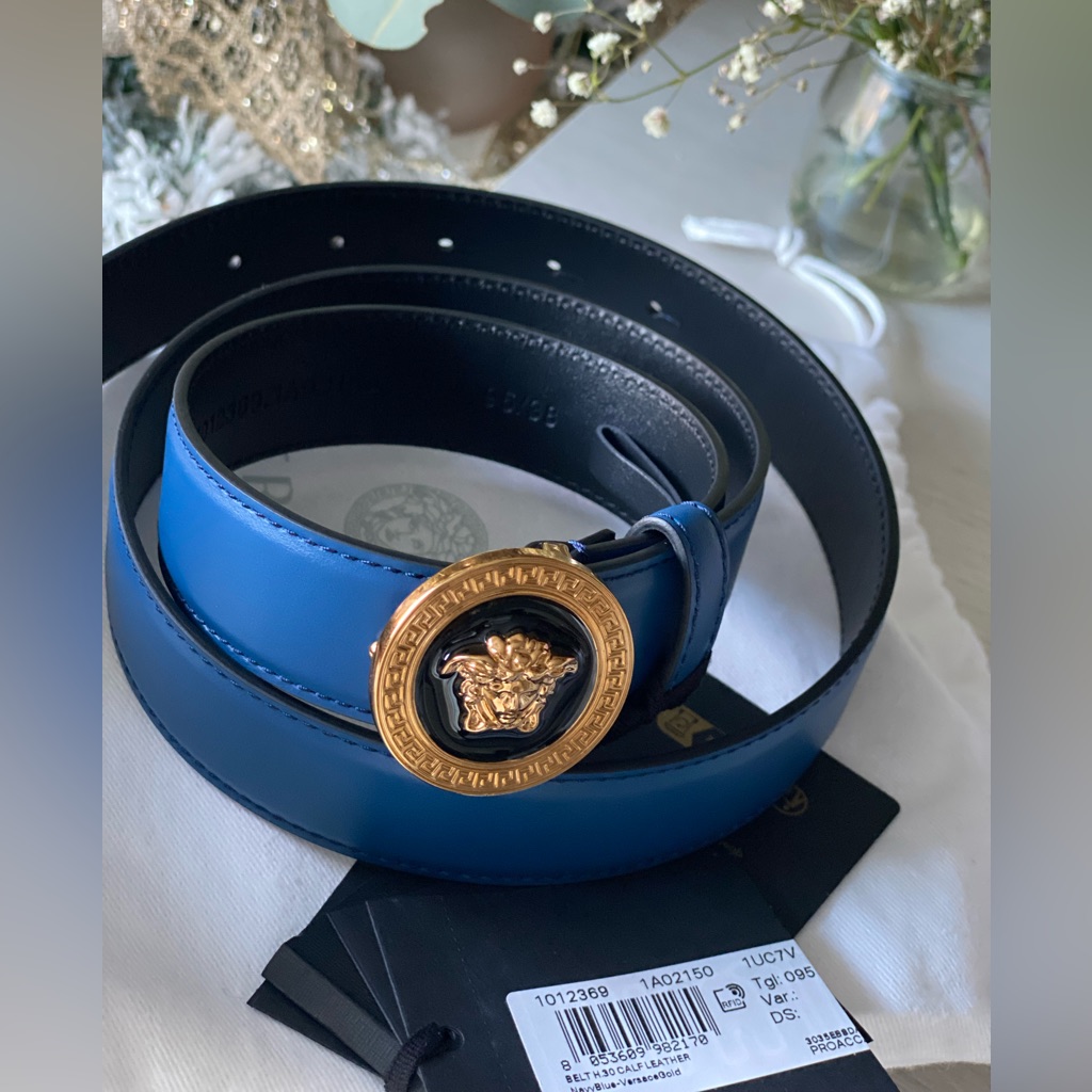 Versace Blue Leather Belt With Gold Medusa Buckle